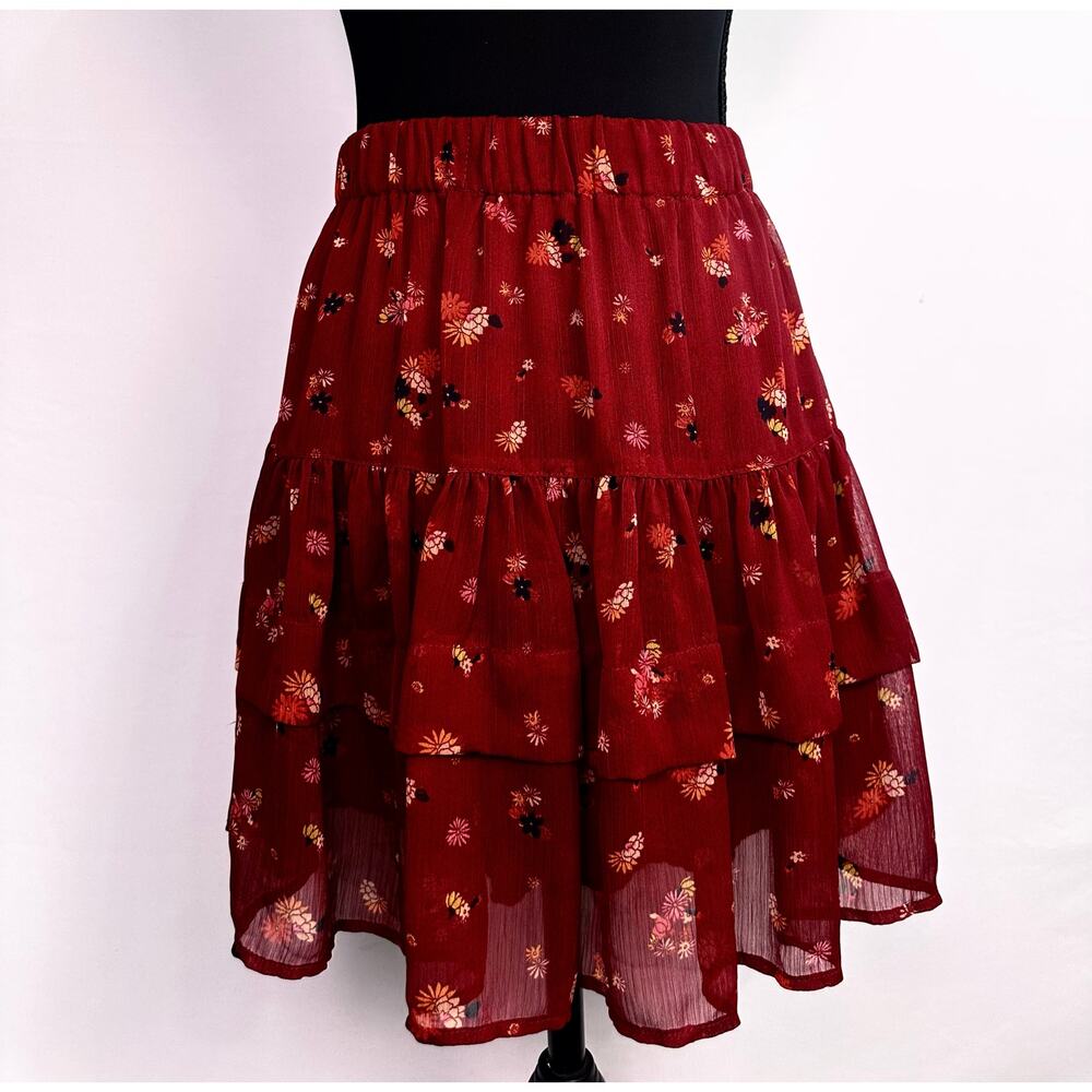 Free People “From The Valley” Floral Tiered Ruffle Mini Skirt burgundy Size M - Picture 3 of 8